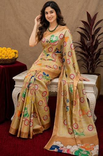  beige chanderi cotton blend printed  1 minute ready to wear saree with unstitched blouse piece