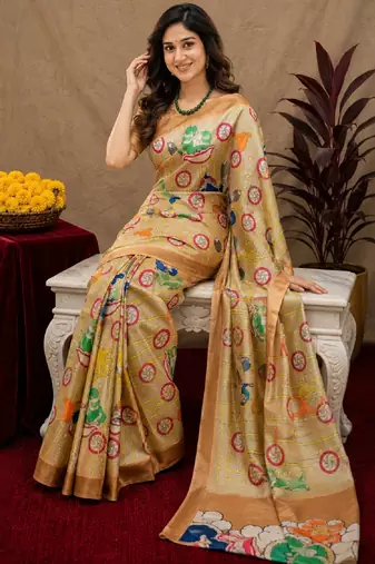  beige chanderi cotton blend printed  1 minute ready to wear saree with unstitched blouse piece