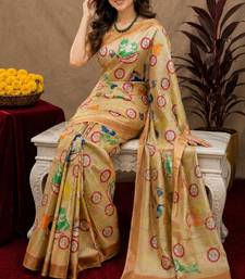  beige chanderi cotton blend printed  1 minute ready to wear saree with unstitched blouse piece