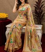  beige chanderi cotton blend printed  1 minute ready to wear saree with unstitched blouse piece