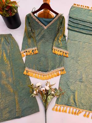 Olive silk blend mirror work palazzo set 4