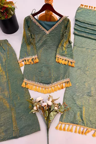 Olive silk blend mirror work palazzo set