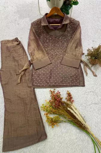 Mauve silk blend embroidered co-ord set