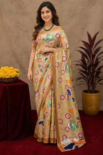  beige chanderi cotton blend printed  1 minute ready to wear saree with unstitched blouse piece