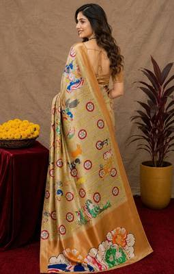  beige chanderi cotton blend printed  1 minute ready to wear saree with unstitched blouse piece 3