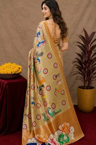  beige chanderi cotton blend printed  1 minute ready to wear saree with unstitched blouse piece