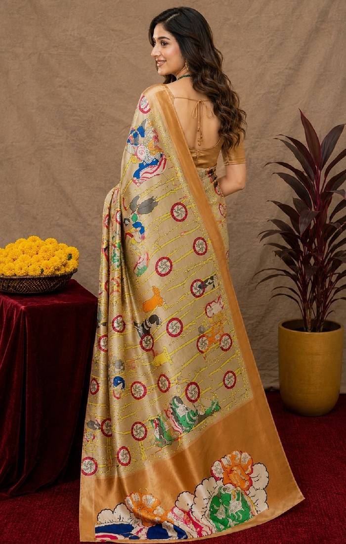  beige chanderi cotton blend printed  1 minute ready to wear saree with unstitched blouse piece