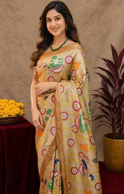  beige chanderi cotton blend printed  1 minute ready to wear saree with unstitched blouse piece 4