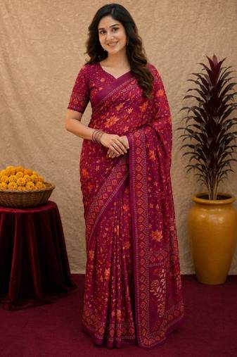  wine chanderi cotton blend printed work 1 minute ready to wear saree with unstitched blouse piece