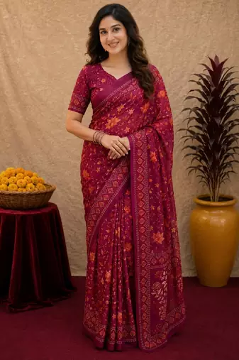  wine chanderi cotton blend printed work 1 minute ready to wear saree with unstitched blouse piece