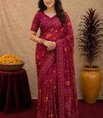 wine chanderi cotton blend printed work 1 minute ready to wear saree with unstitched blouse piece