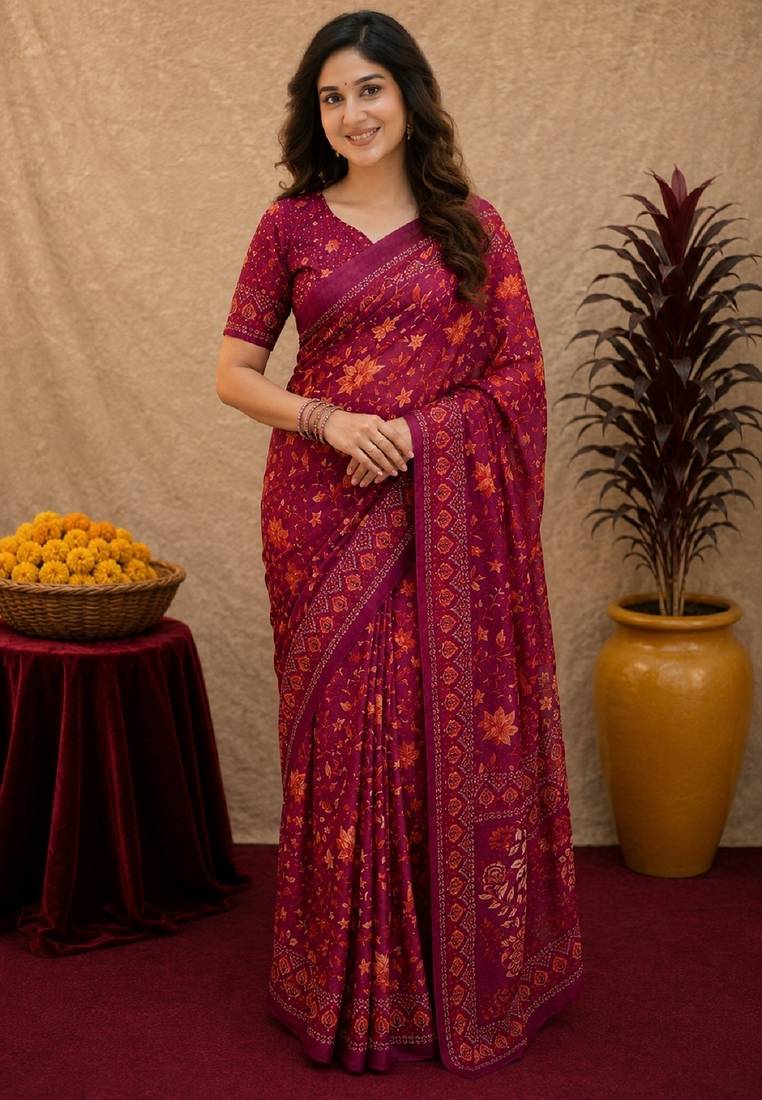  wine chanderi cotton blend printed work 1 minute ready to wear saree with unstitched blouse piece