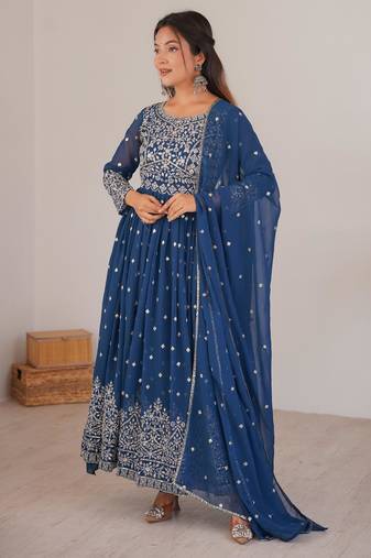 Royal-blue faux georgette embroidered anarkali set