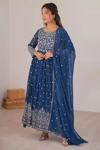 Royal-blue faux georgette embroidered anarkali set