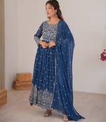 Royal-blue faux georgette embroidered anarkali set