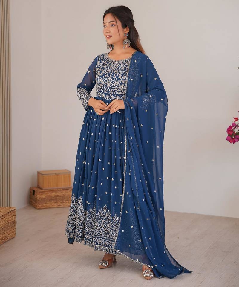 Royal-blue faux georgette embroidered anarkali set