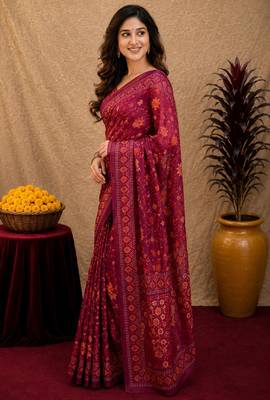  wine chanderi cotton blend printed work 1 minute ready to wear saree with unstitched blouse piece 2