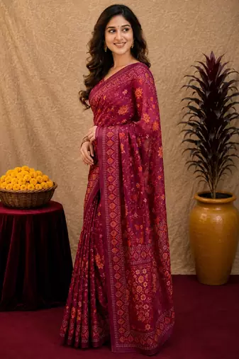  wine chanderi cotton blend printed work 1 minute ready to wear saree with unstitched blouse piece