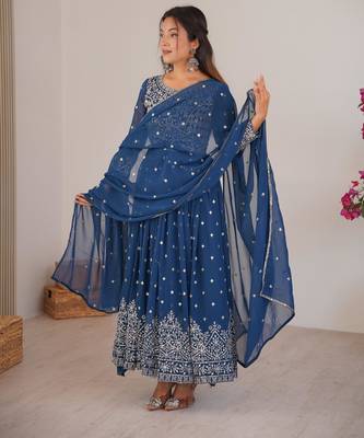 Royal-blue faux georgette embroidered anarkali set 2