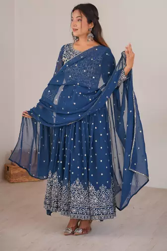 Royal-blue faux georgette embroidered anarkali set