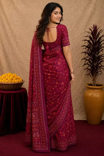  wine chanderi cotton blend printed work 1 minute ready to wear saree with unstitched blouse piece