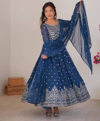 Royal-blue faux georgette embroidered anarkali set 3