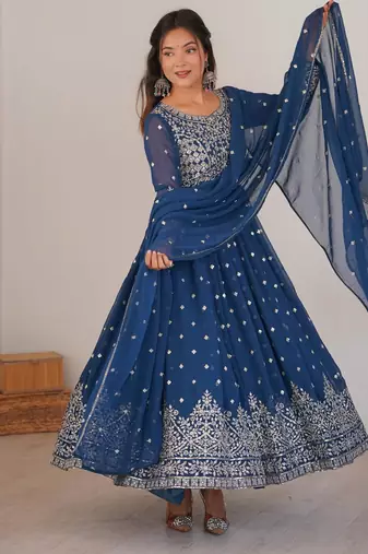 Royal-blue faux georgette embroidered anarkali set