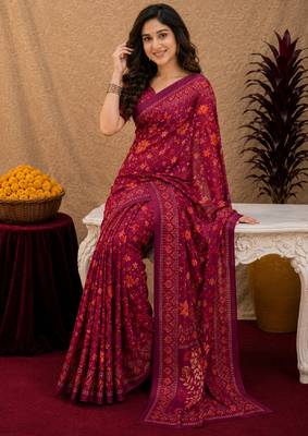  wine chanderi cotton blend printed work 1 minute ready to wear saree with unstitched blouse piece 4