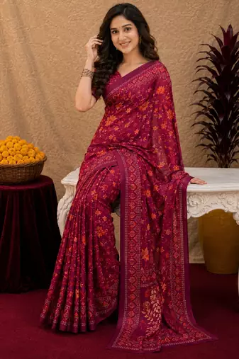  wine chanderi cotton blend printed work 1 minute ready to wear saree with unstitched blouse piece