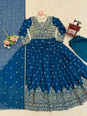 Royal-blue faux georgette embroidered anarkali set 4