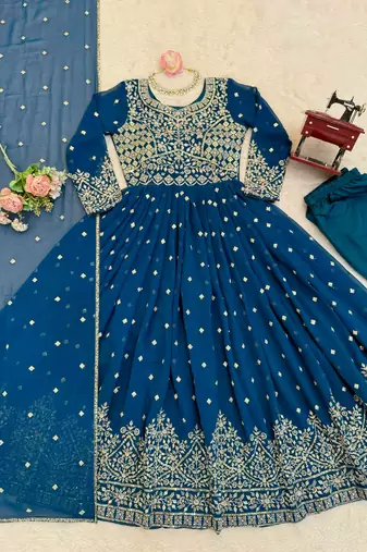 Royal-blue faux georgette embroidered anarkali set