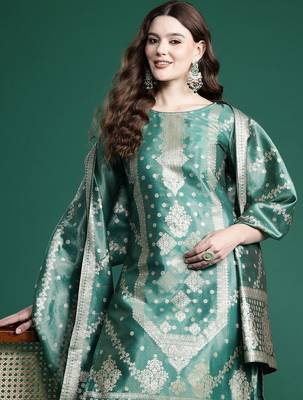 Ethnic Motifs Pure Silk Kurta with Trousers & With Dupatta 1