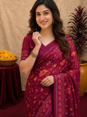  wine chanderi cotton blend printed work 1 minute ready to wear saree with unstitched blouse piece 5