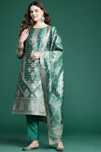 Ethnic Motifs Pure Silk Kurta with Trousers & With Dupatta