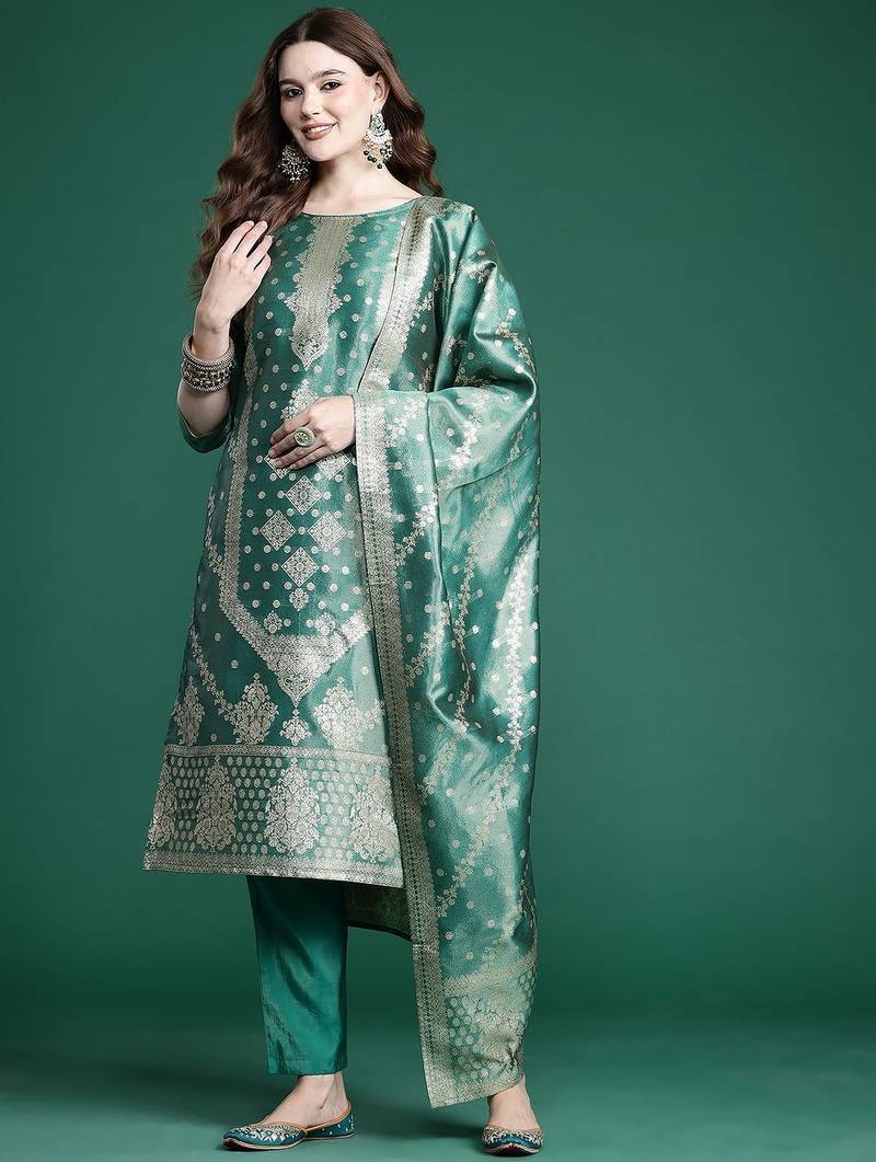 Ethnic Motifs Pure Silk Kurta with Trousers & With Dupatta