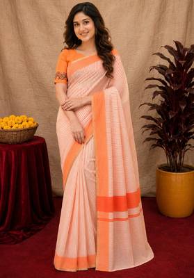  white chanderi cotton blend printed  1 minute ready to wear saree with unstitched blouse piece 1