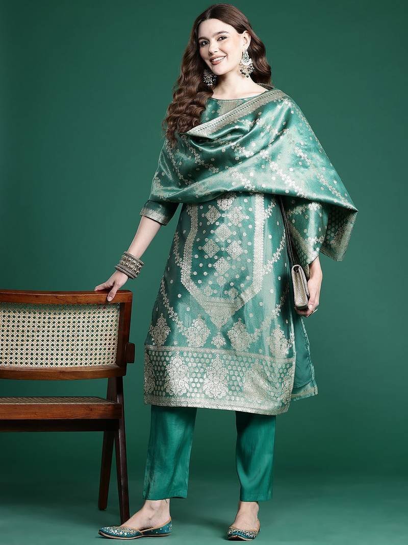 Ethnic Motifs Pure Silk Kurta with Trousers & With Dupatta