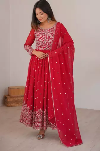 Red faux georgette embroidered anarkali set