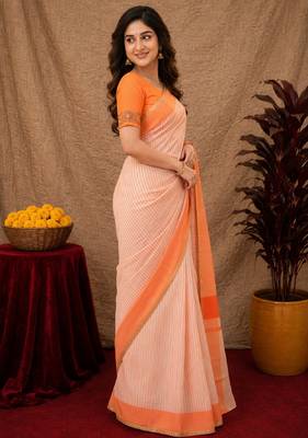  white chanderi cotton blend printed  1 minute ready to wear saree with unstitched blouse piece 2