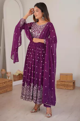 Purple faux georgette embroidered anarkali set