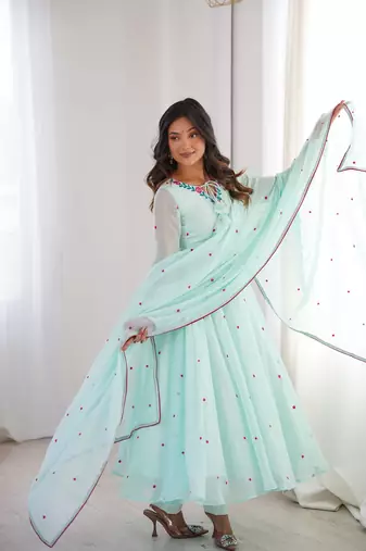 Sky-blue faux georgette embroidered anarkali set
