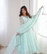Sky-blue faux georgette embroidered anarkali set