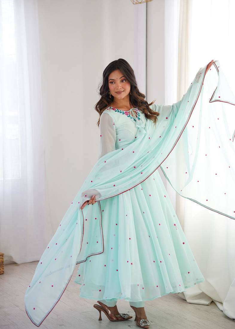 Sky-blue faux georgette embroidered anarkali set