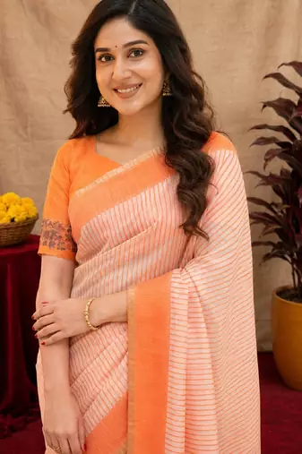  white chanderi cotton blend printed  1 minute ready to wear saree with unstitched blouse piece