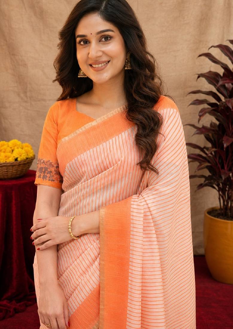  white chanderi cotton blend printed  1 minute ready to wear saree with unstitched blouse piece