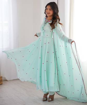 Sky-blue faux georgette embroidered anarkali set 2
