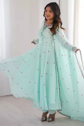 Sky-blue faux georgette embroidered anarkali set