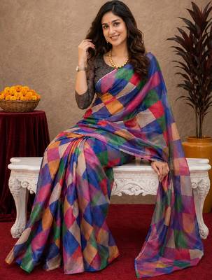 multi color chanderi cotton blend printed  1 minute ready to wear saree with unstitched blouse piece 1