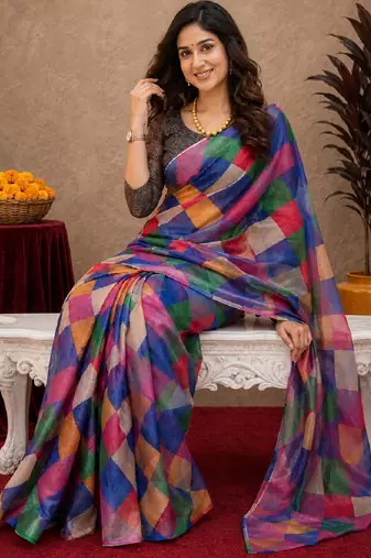  multi color chanderi cotton blend printed  1 minute ready to wear saree with unstitched blouse piece
