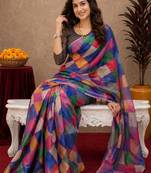  multi color chanderi cotton blend printed  1 minute ready to wear saree with unstitched blouse piece